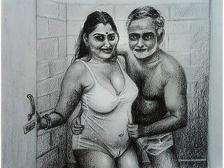 Erotic Art Or Drawing Sexy Desi Indian Woman inside Bathroom with Father In Law