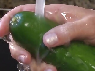 A Desperate Housewife Uses Cucumber and Carrot as a Substitute for a Big Hard Cock