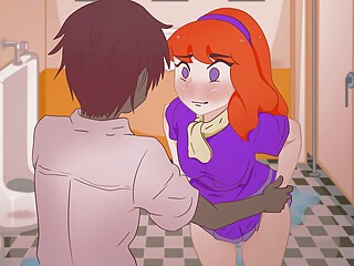 Red-haired Daphne takes off her panties in the toilet in front of an unknown guy without complexes !