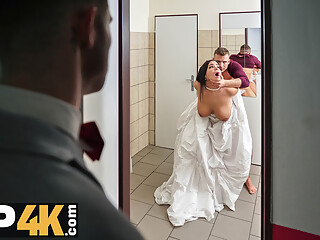 VIP4K. Being locked in the bathroom, sexy bride doesnt lose time and seduces random guy