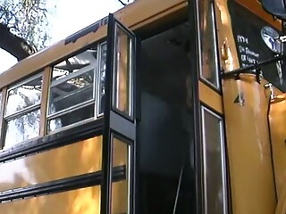 Cute school girl takes it from behind on a school bus