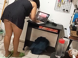 my wife cleaning the room in dress and thong