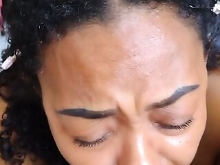 Hot Ebony Blasian deep throats white cock till she spits out cum