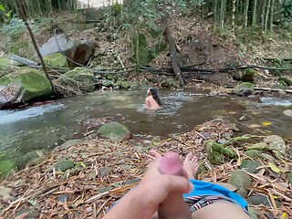 My shy stepsister bathes in the river, while she watches her I masturbate until I end up fucking her