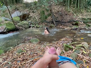 Stepsister Showers in the River, While Watching Her I Masturbate Until I End up Fucking Her Deliciou