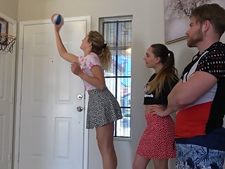 A strip indoor basketball game with two hot girls and 1 lucky dude