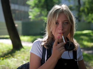 Sweet Polina Is Smoking 120mm Cork Cigarettes In The Park
