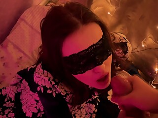 Holiday New Year Blowjob From A Beautiful Woman In A Mask And Dress